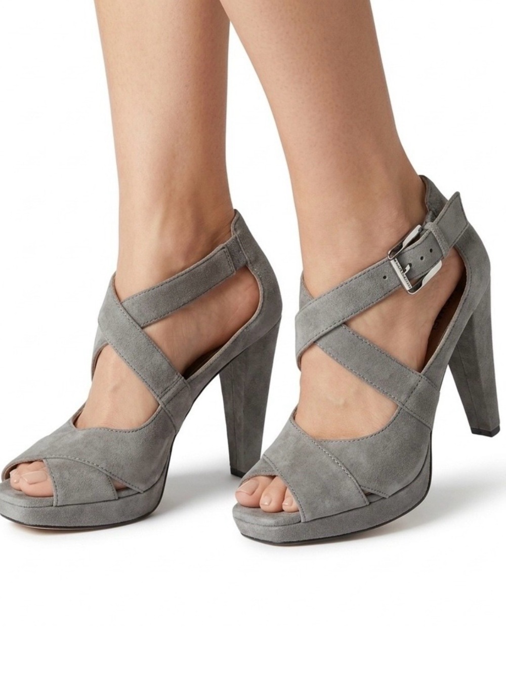 Michael Michael Kors Gray Suede Platform Peep Toe Heels Ankle Strap Sandals